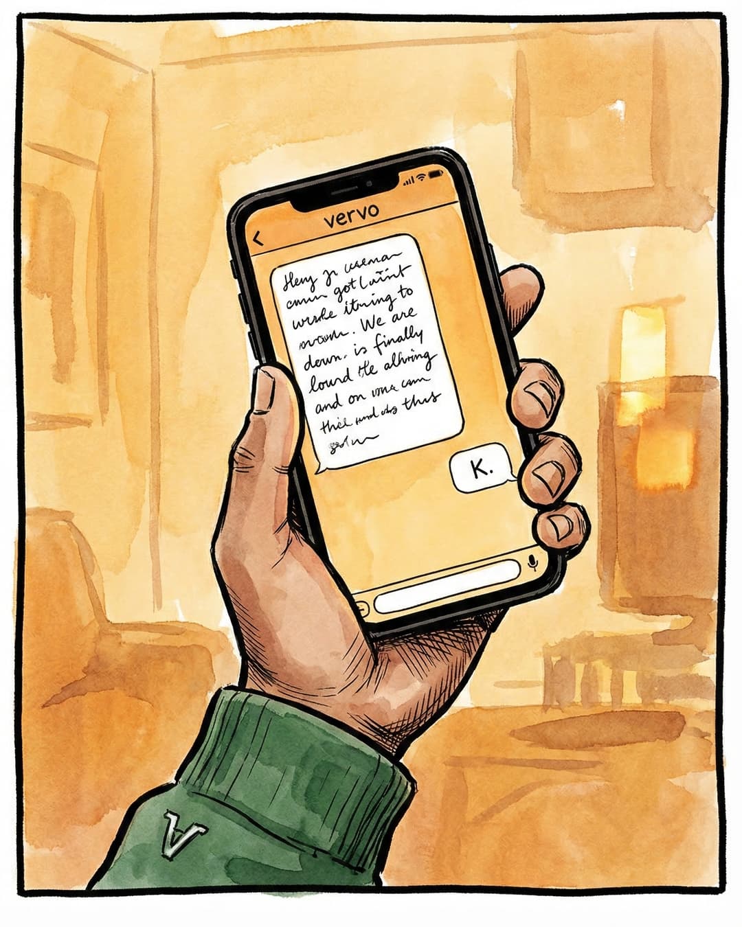 Panel 2 -- Close-up of the phone showing a full paragraph replied to with K