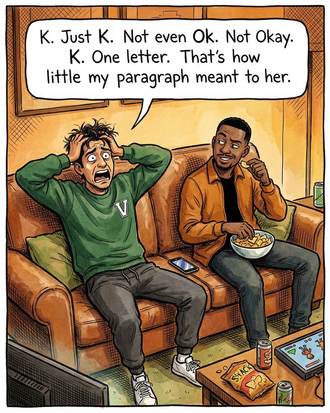 Panel 3 -- Peter grabs his head in dramatic anguish while Greg keeps eating chips