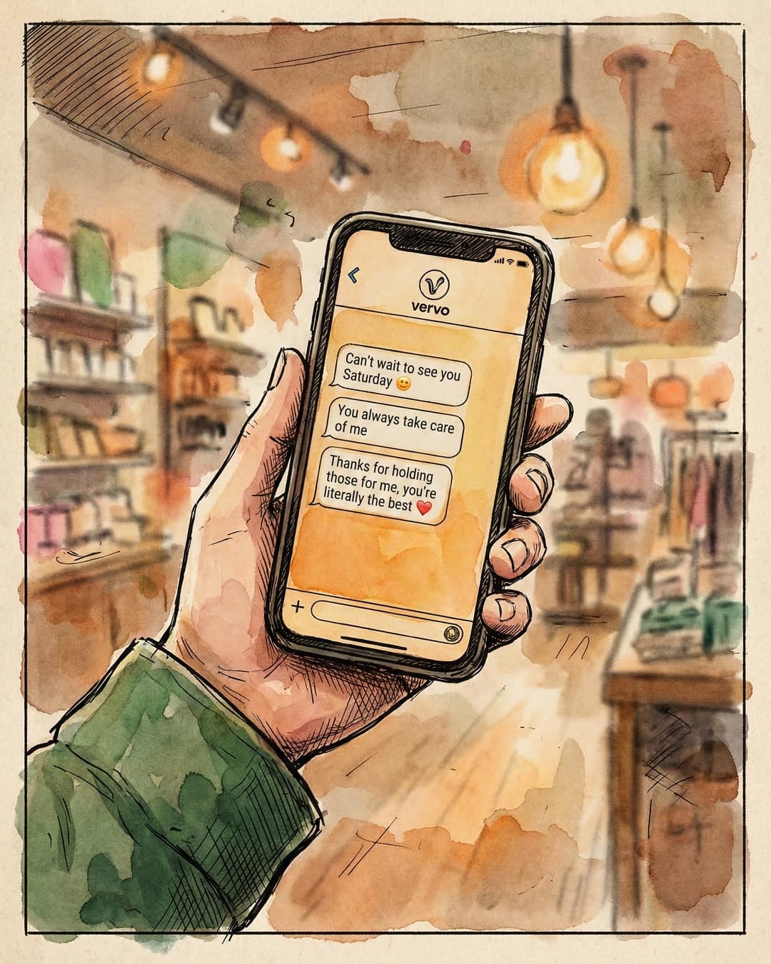 Panel 2 -- Close-up of Peters phone showing ambiguous customer texts with vervo header