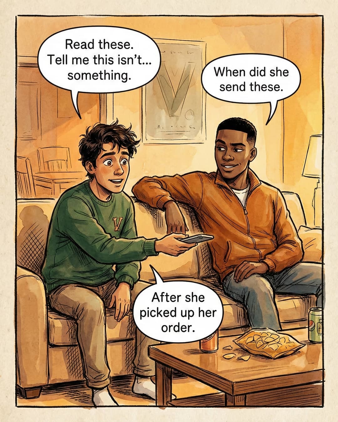 Panel 3 -- Peter shows the texts to Greg on the couch, convinced its something
