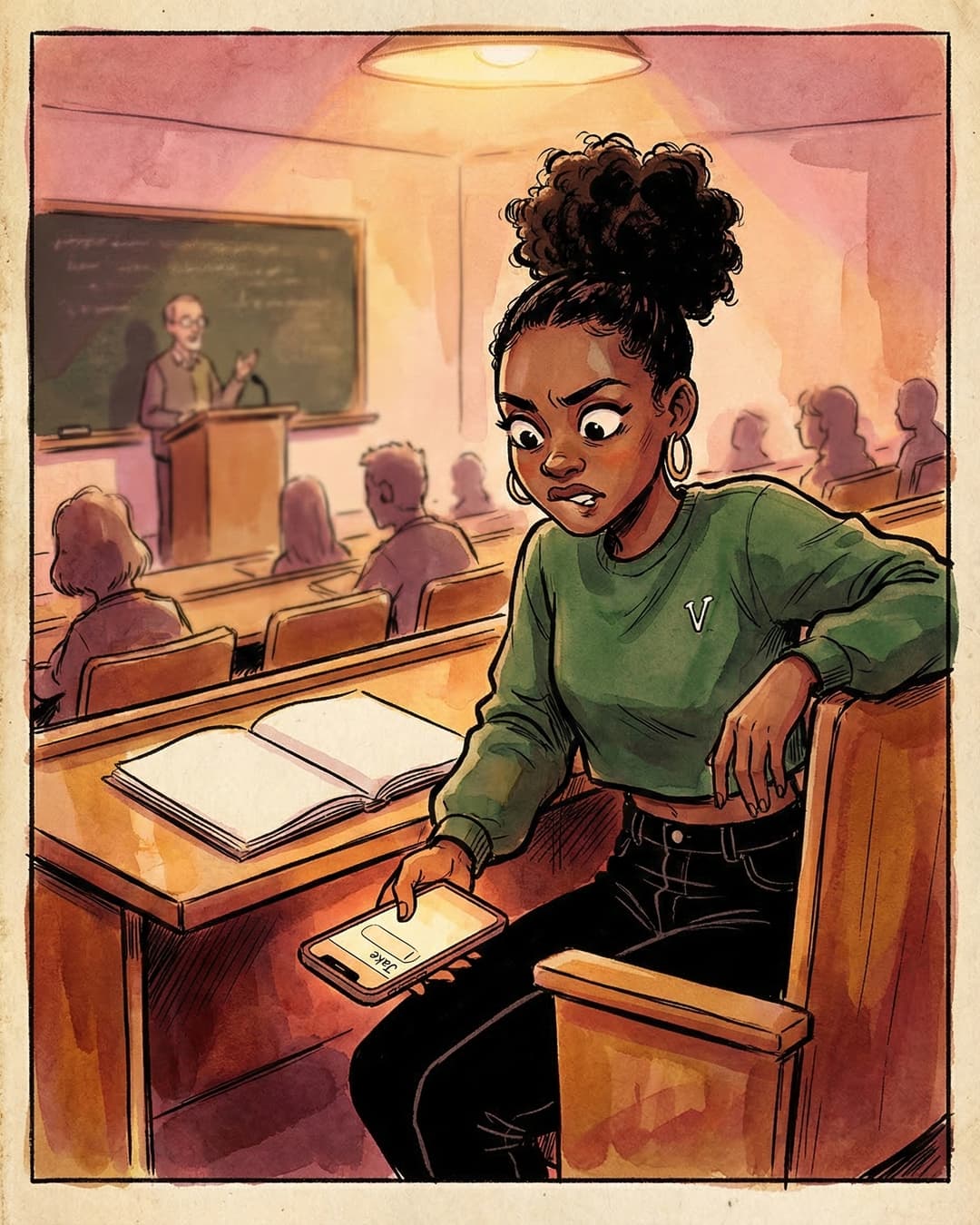 Panel 1 -- Maya in a lecture hall staring at a blank text field under her desk like she is defusing a bomb