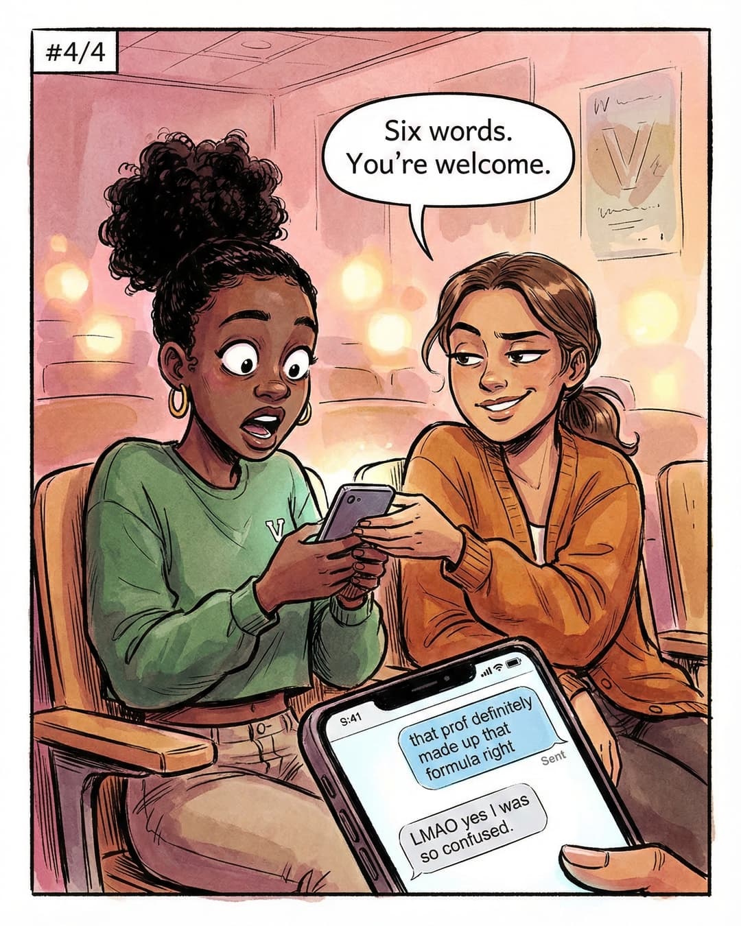 Panel 4 -- Sol typed six words and got a reply in thirty seconds while Maya watches in shock