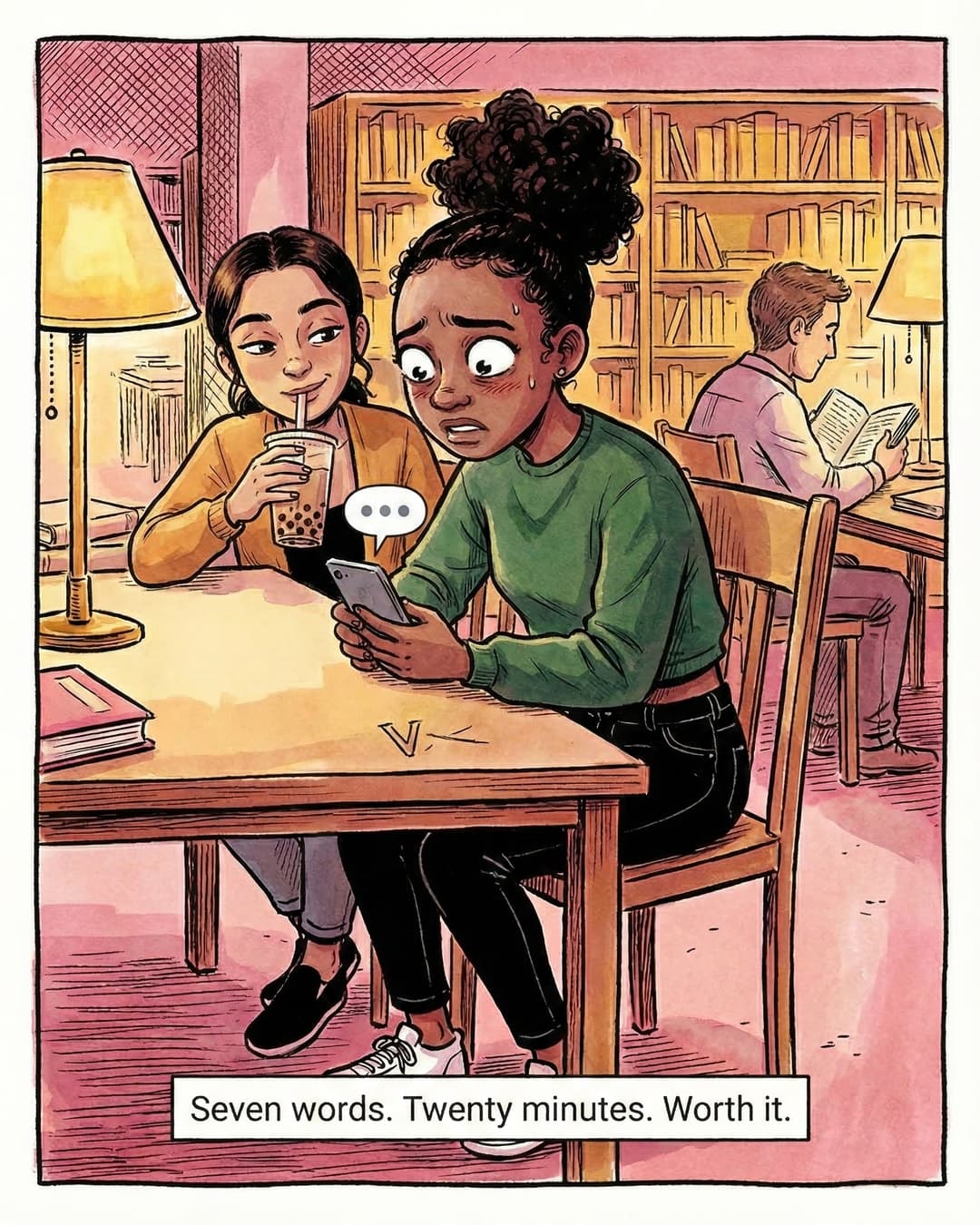 Panel 4 -- Maya finally sends the text and sees three typing dots, gripping her phone with terrified hope