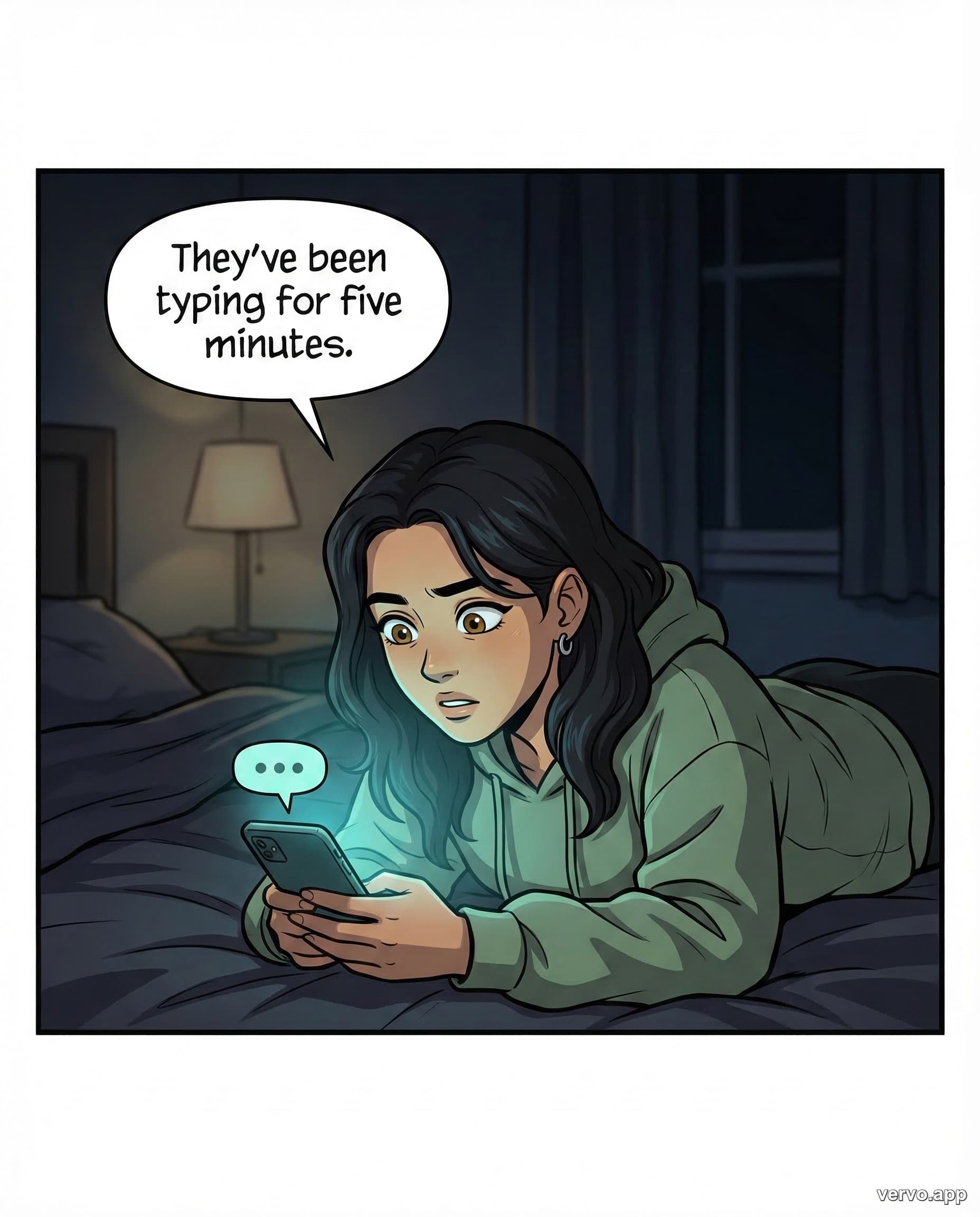 Panel 1 -- Emma lies in bed watching typing dots