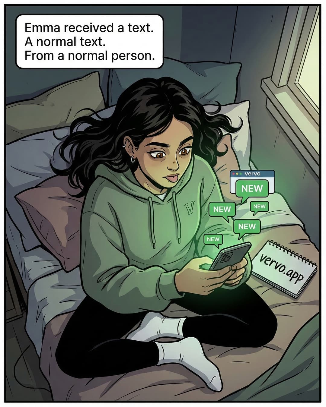 Panel 1 -- Emma sits cross-legged on her bed staring at her phone with intense focus as notifications pop off the screen