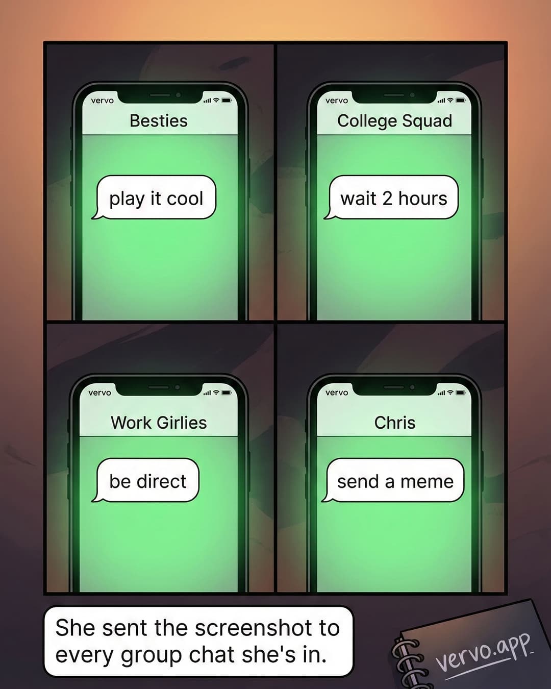 Panel 2 -- Four phone screens show Emma's screenshot sent to Besties, Work Girlies, College Squad, and Chris with different advice in each chat