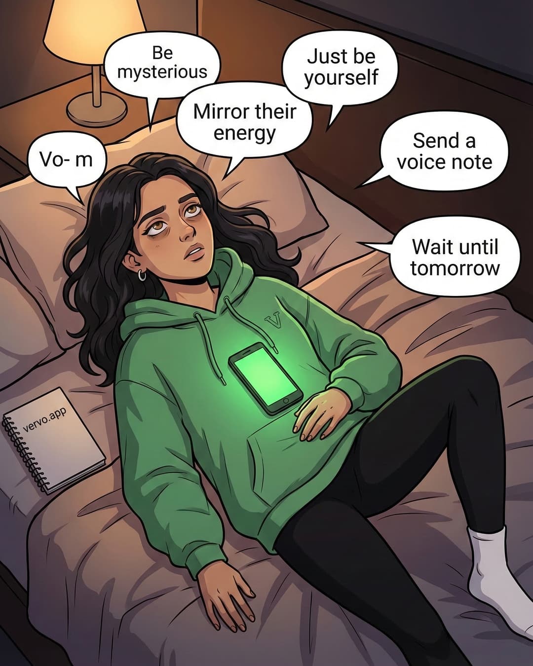 Panel 3 -- Emma lies on her back overwhelmed by floating speech bubbles of conflicting advice swirling around her