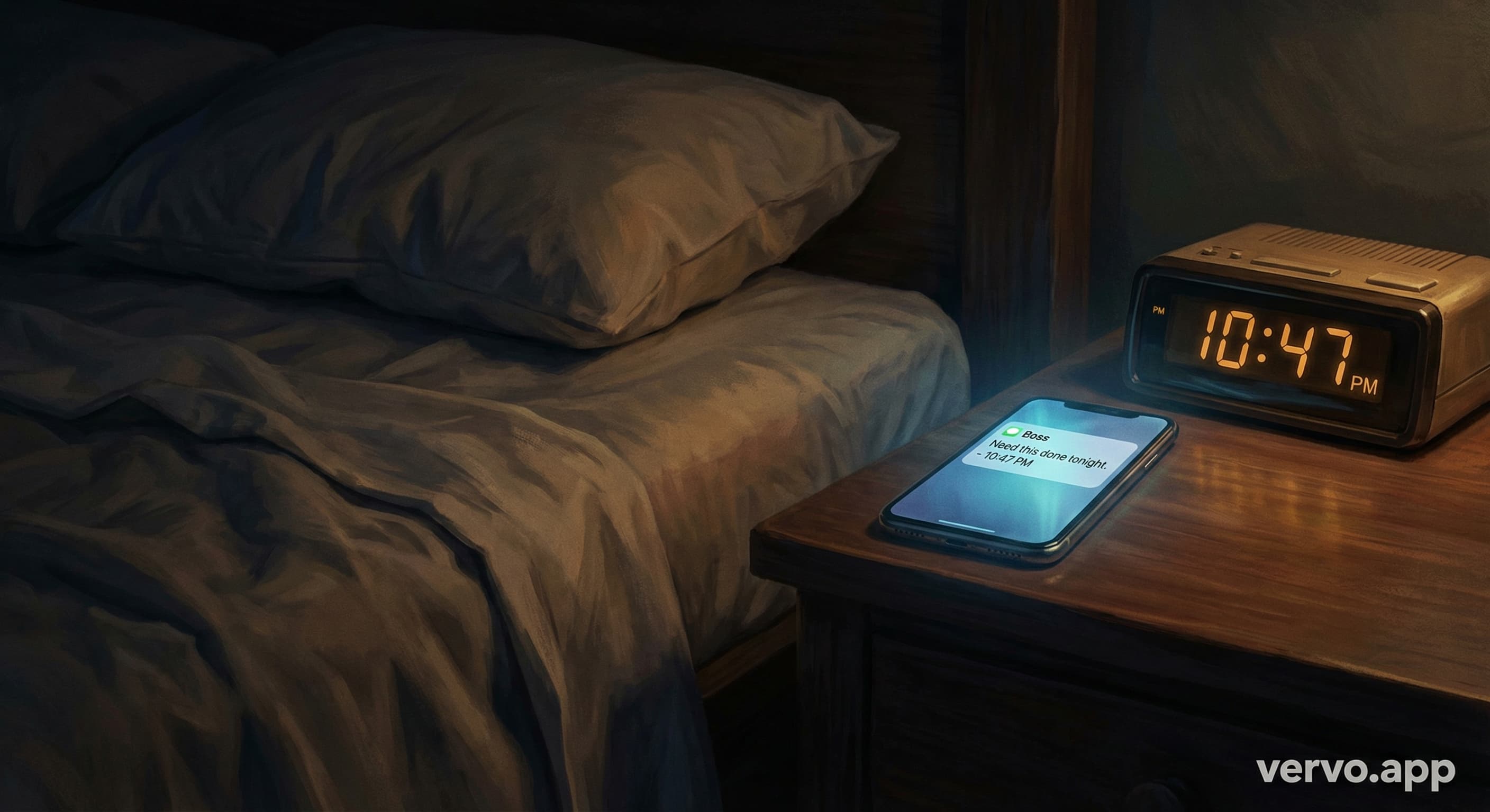 A smartphone on a nightstand at 10:47 PM showing a notification from Boss, dark bedroom with rumpled sheets