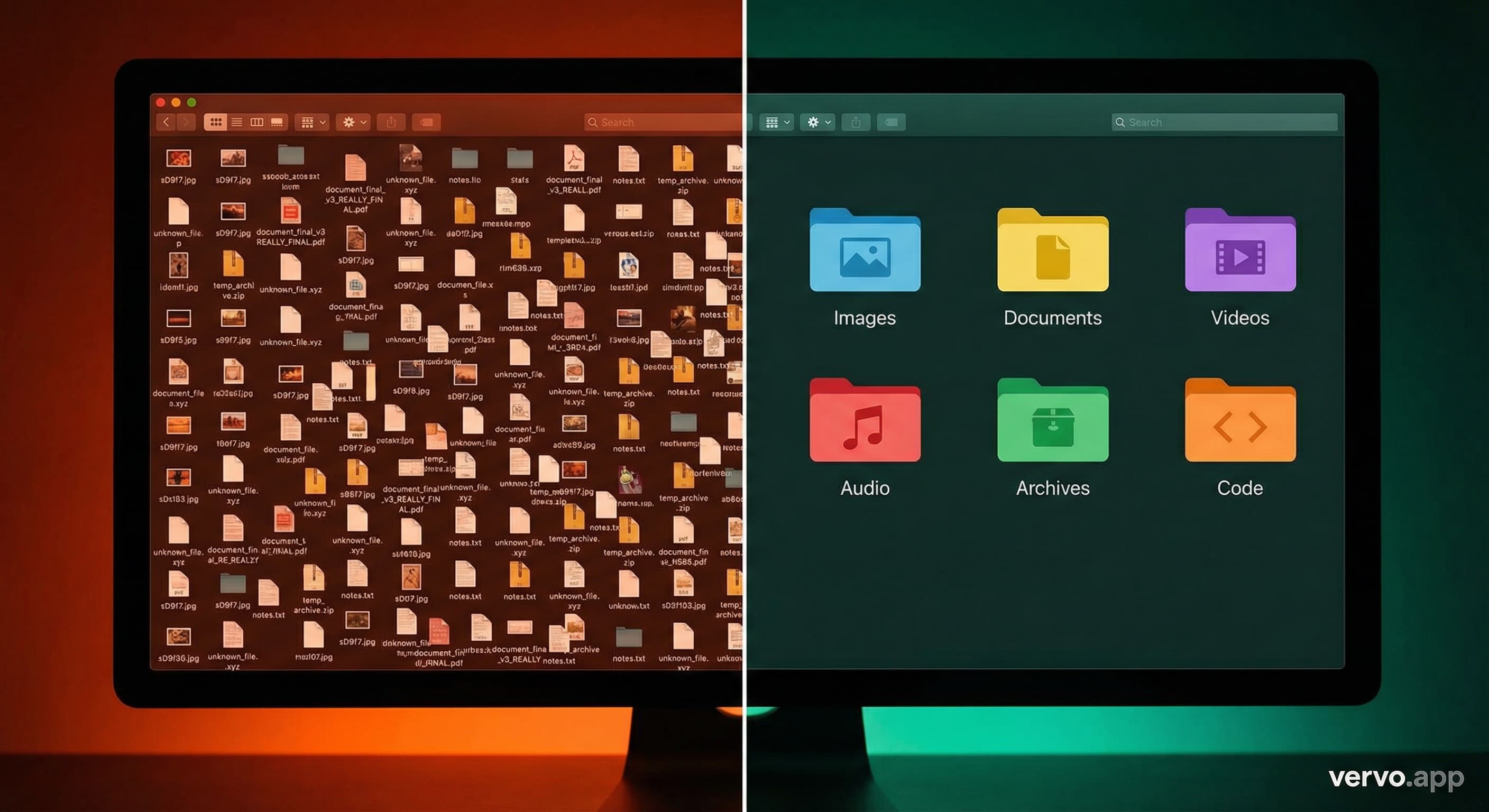 Before and after: chaotic Downloads folder vs organized subfolders