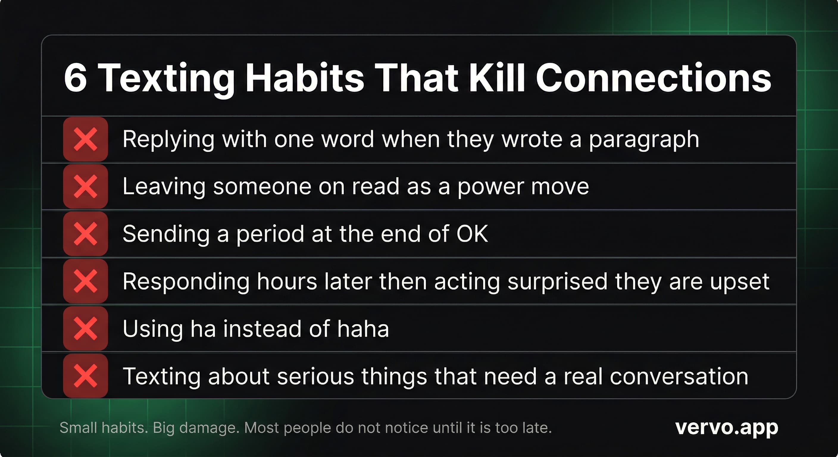 6 Texting Habits That Kill Connections. One-word replies, leaving on read, the period, hard conversations over text, delayed responses, saying things you would not say in person. vervo.app