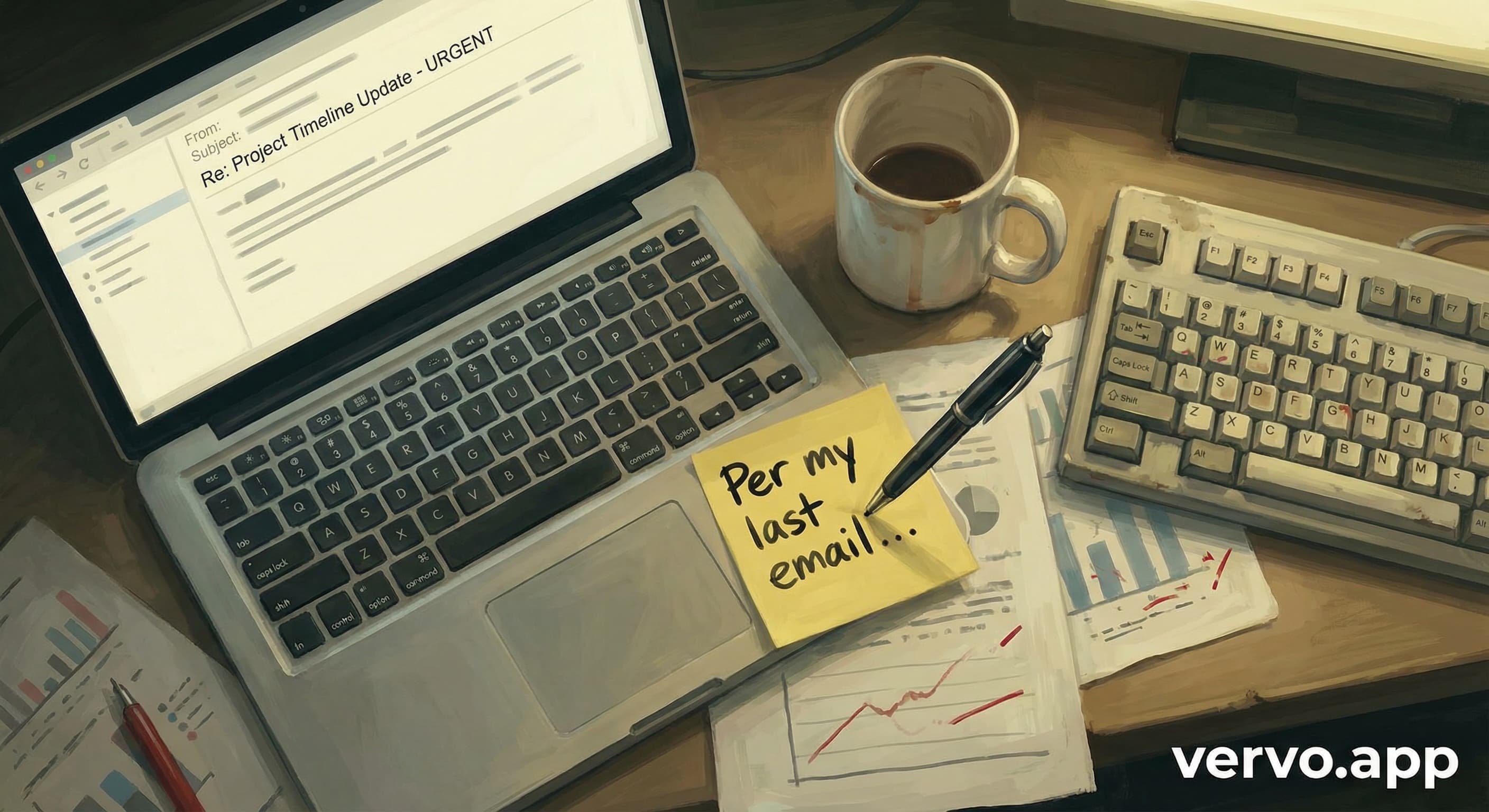 An office desk from above with a laptop showing an email, a sticky note reading Per my last email in aggressive handwriting, coffee mug, and crumpled papers