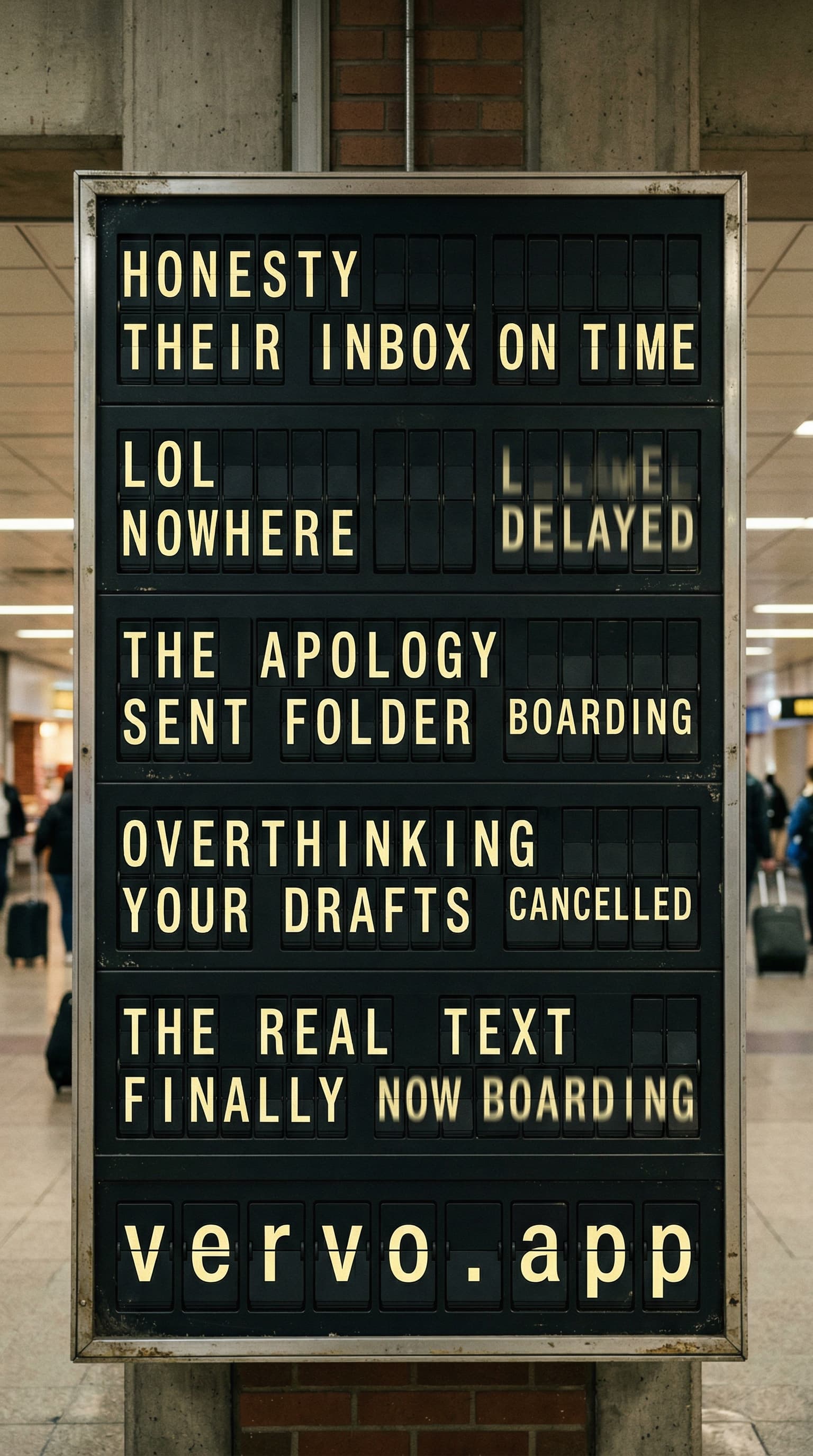 An airport departure board showing texting topics as flights. HONESTY: ON TIME. LOL: DELAYED. OVERTHINKING: CANCELLED.