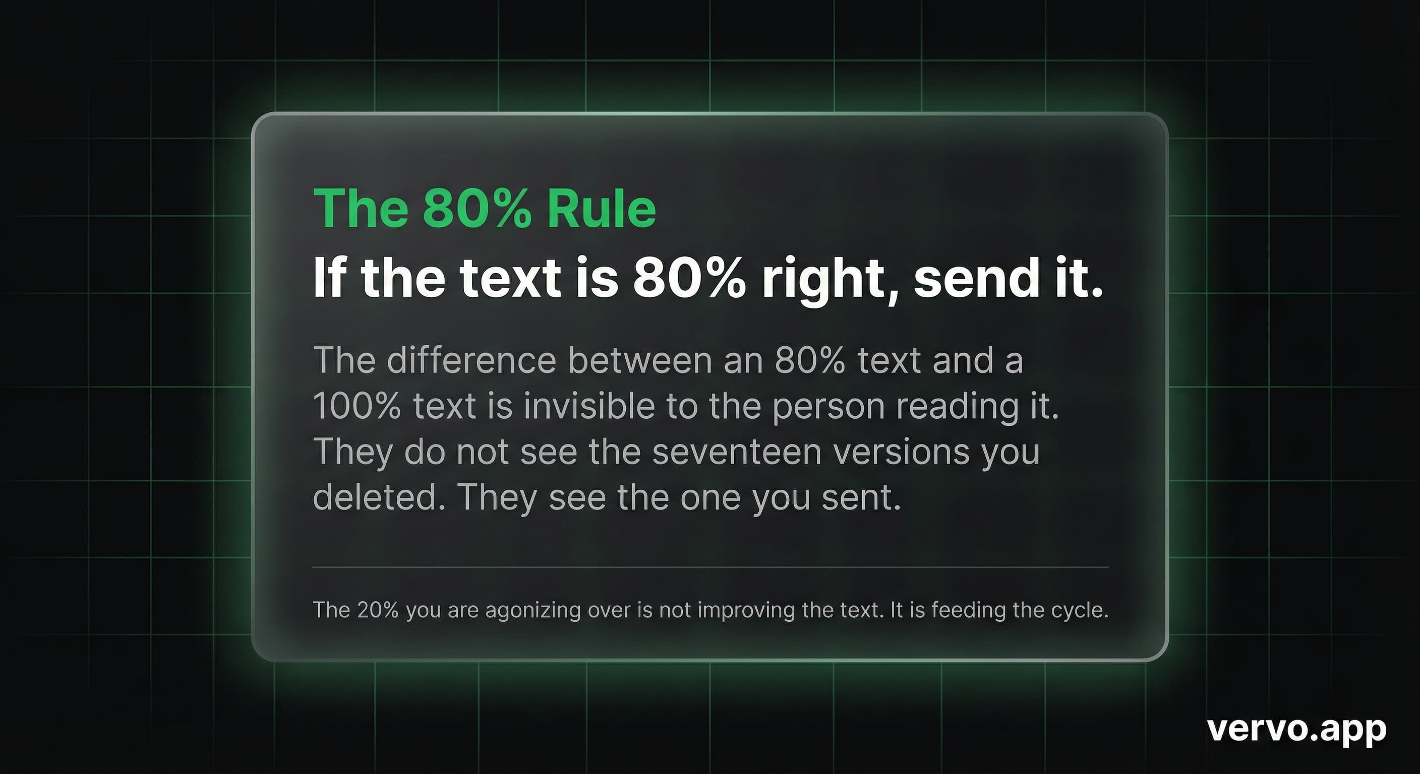 The 80% Rule. If the text is 80% right, send it. The 20% you are agonizing over is not improving the text. It is feeding the cycle.