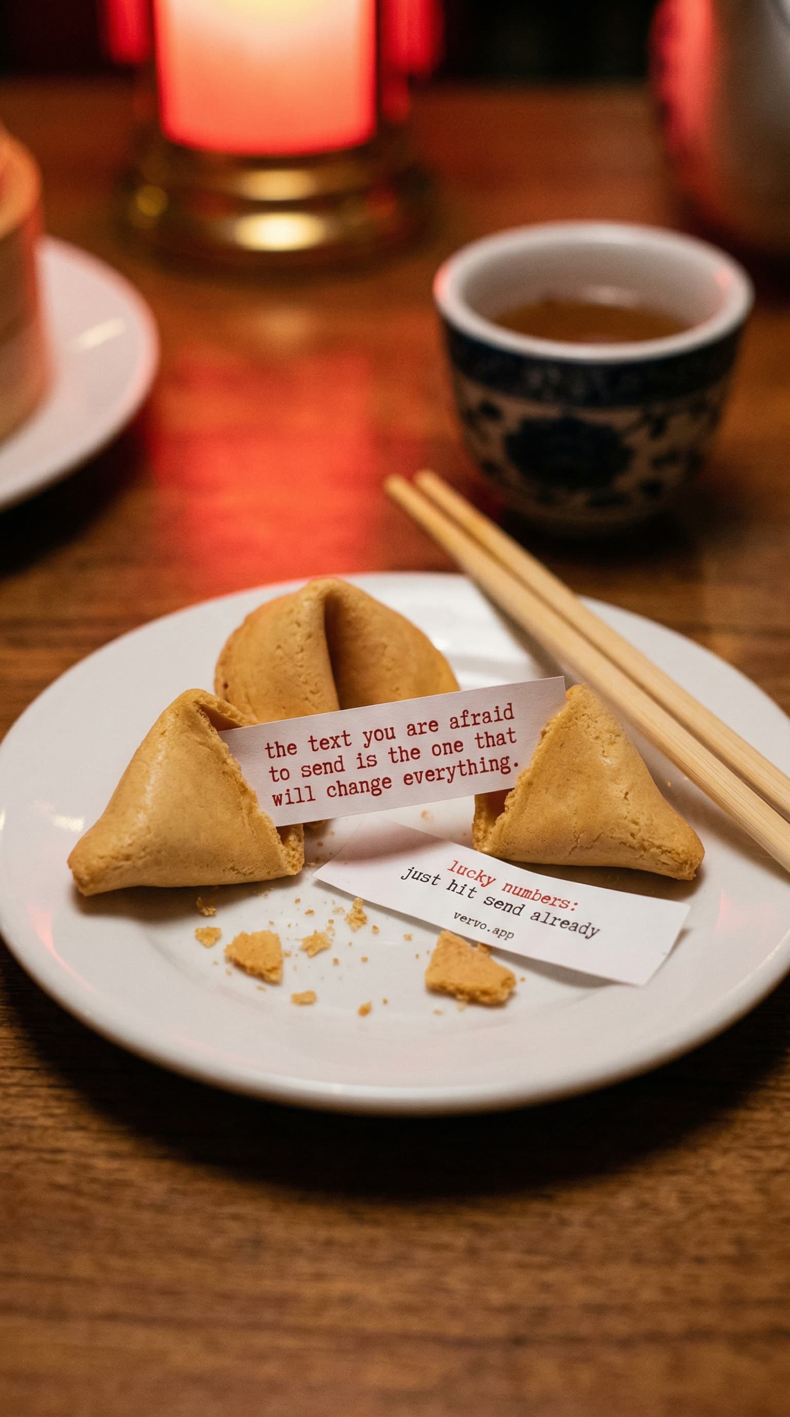 A cracked-open fortune cookie with a paper fortune that reads: the text you are afraid to send is the one that will change everything.
