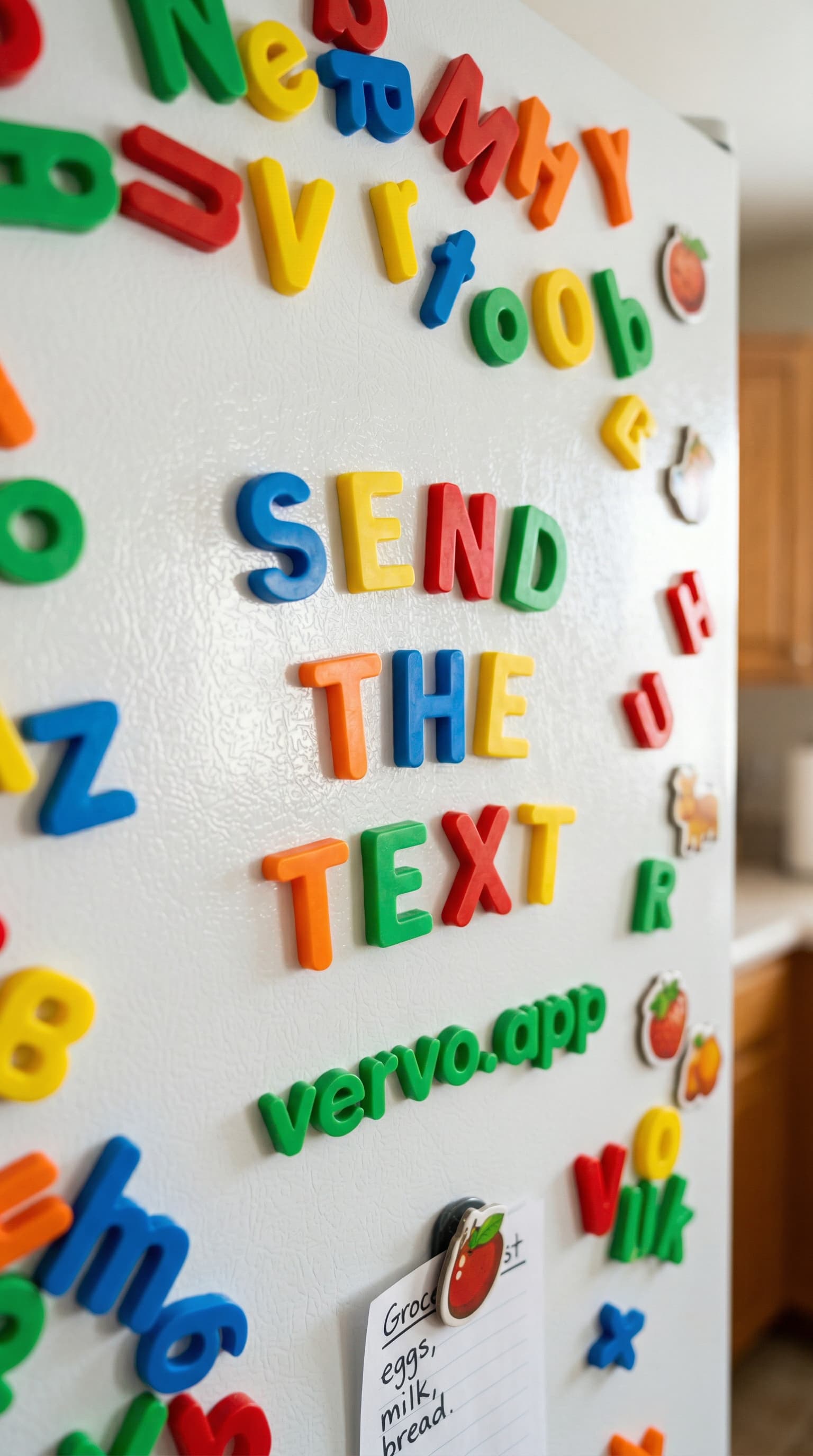 Colorful fridge magnets on a refrigerator door spelling out a message about texting rules.
