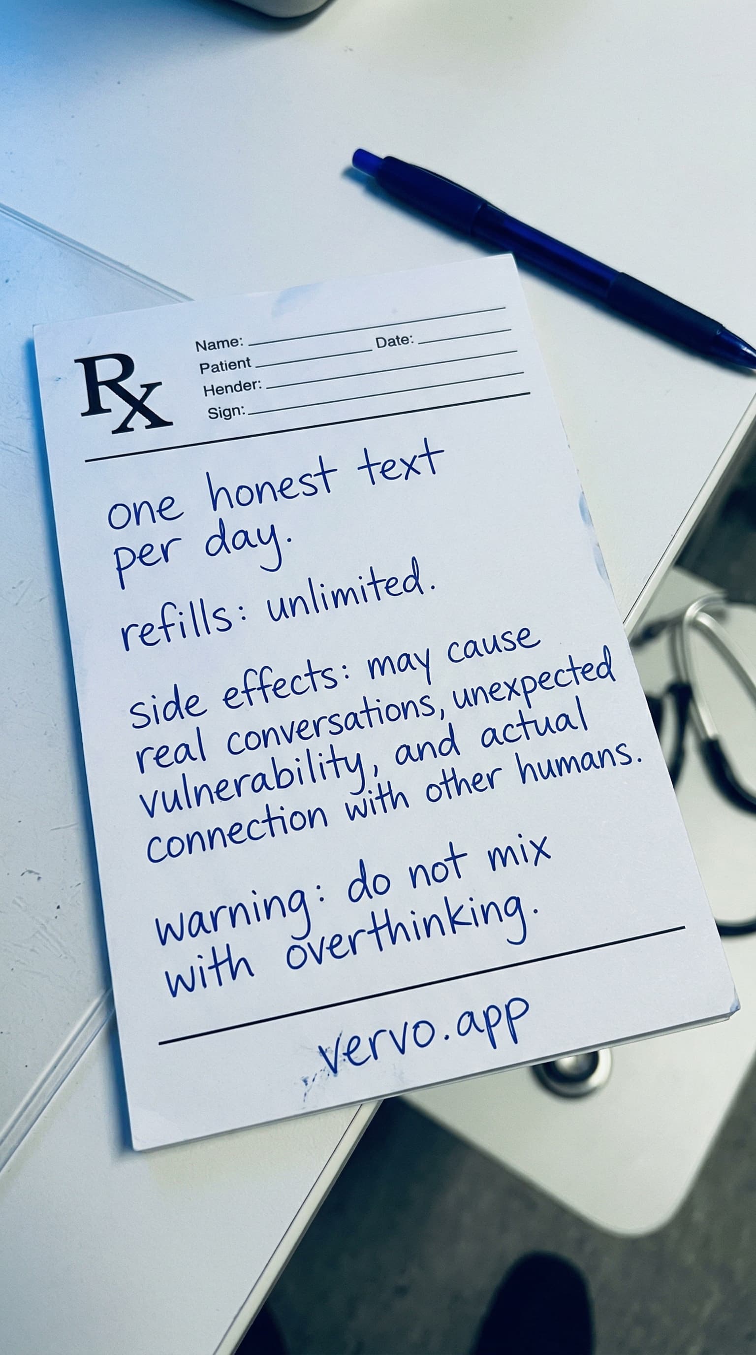 A doctor's prescription pad with handwritten text: Rx: one honest text per day. Side effects: real conversations and actual connection.