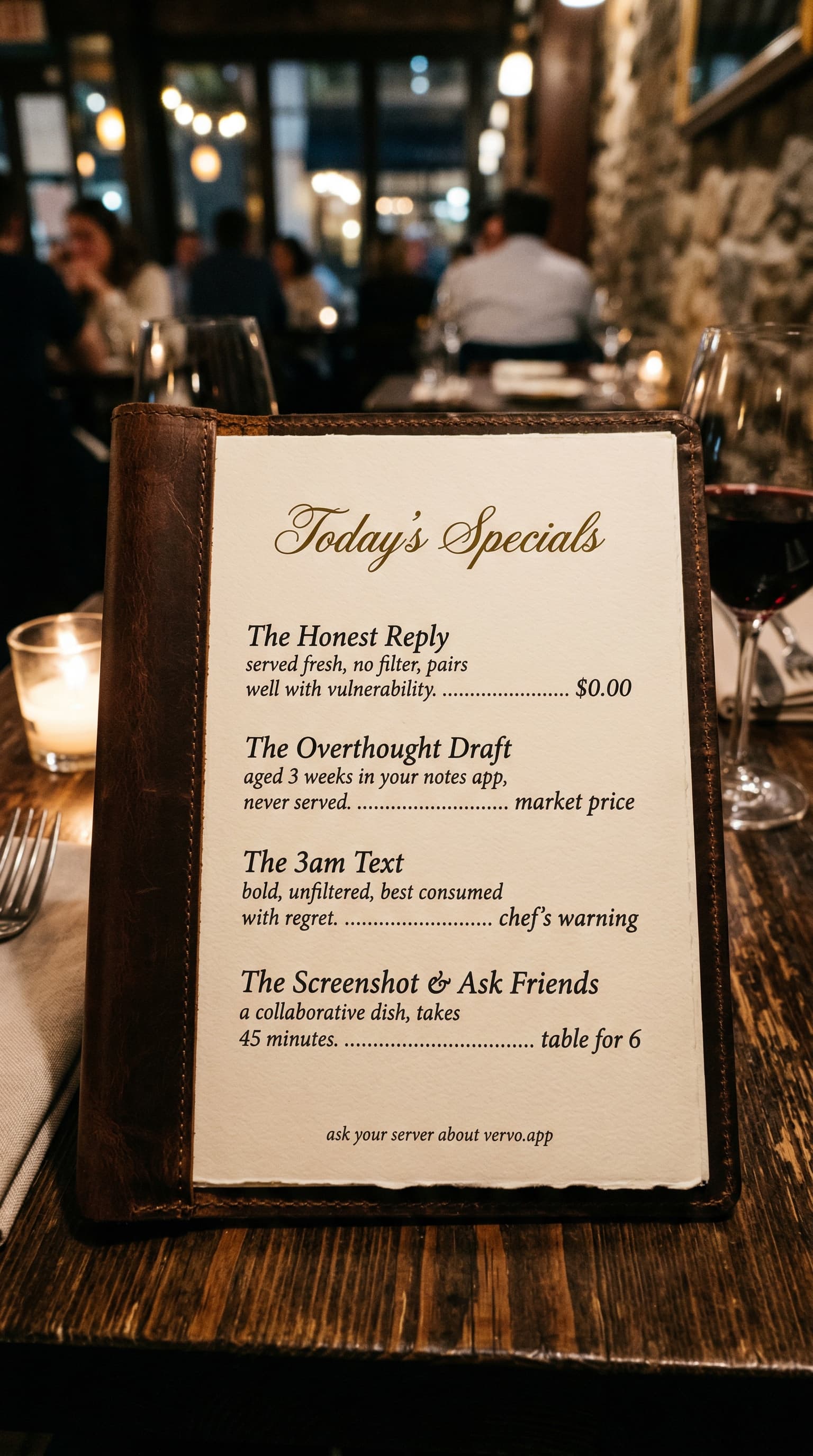 A fancy restaurant menu listing texting specials: The Honest Reply served fresh, The Overthought Draft aged 3 weeks in your notes app.