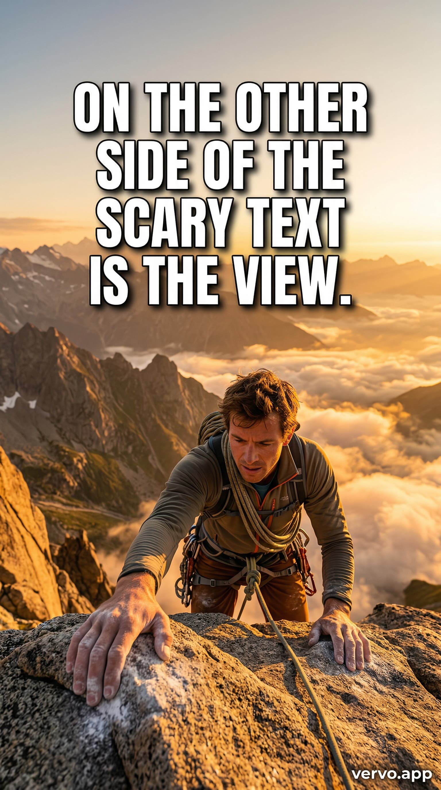 A rock climber reaches for the summit ledge at golden hour, mountains and clouds below. Bold white text reads: ON THE OTHER SIDE OF THE SCARY TEXT IS THE VIEW.