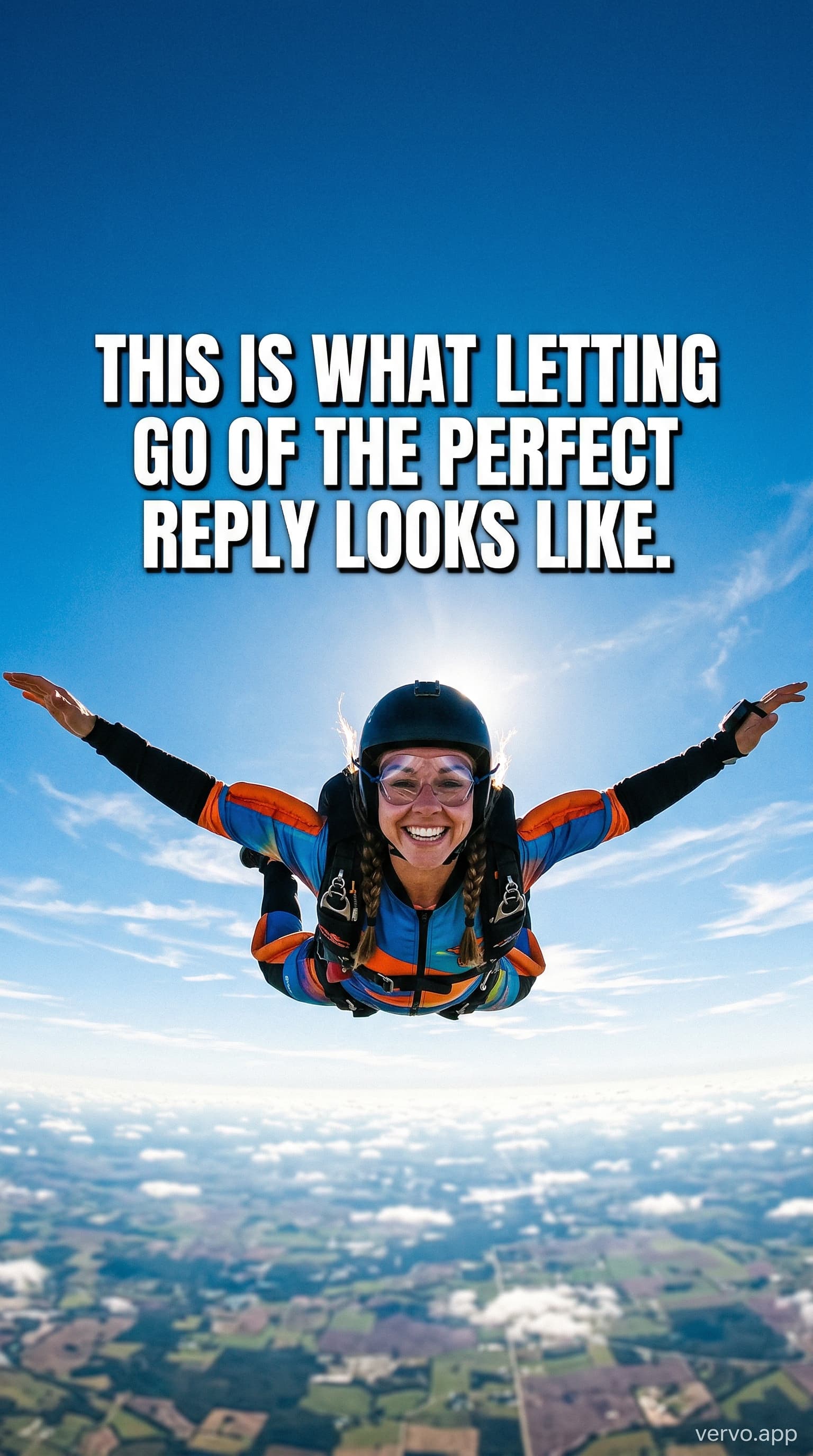 A skydiver in full gear smiles during freefall, arms spread wide against a bright blue sky with sun halo behind them. Bold white text reads: THIS IS WHAT LETTING GO OF THE PERFECT REPLY LOOKS LIKE.