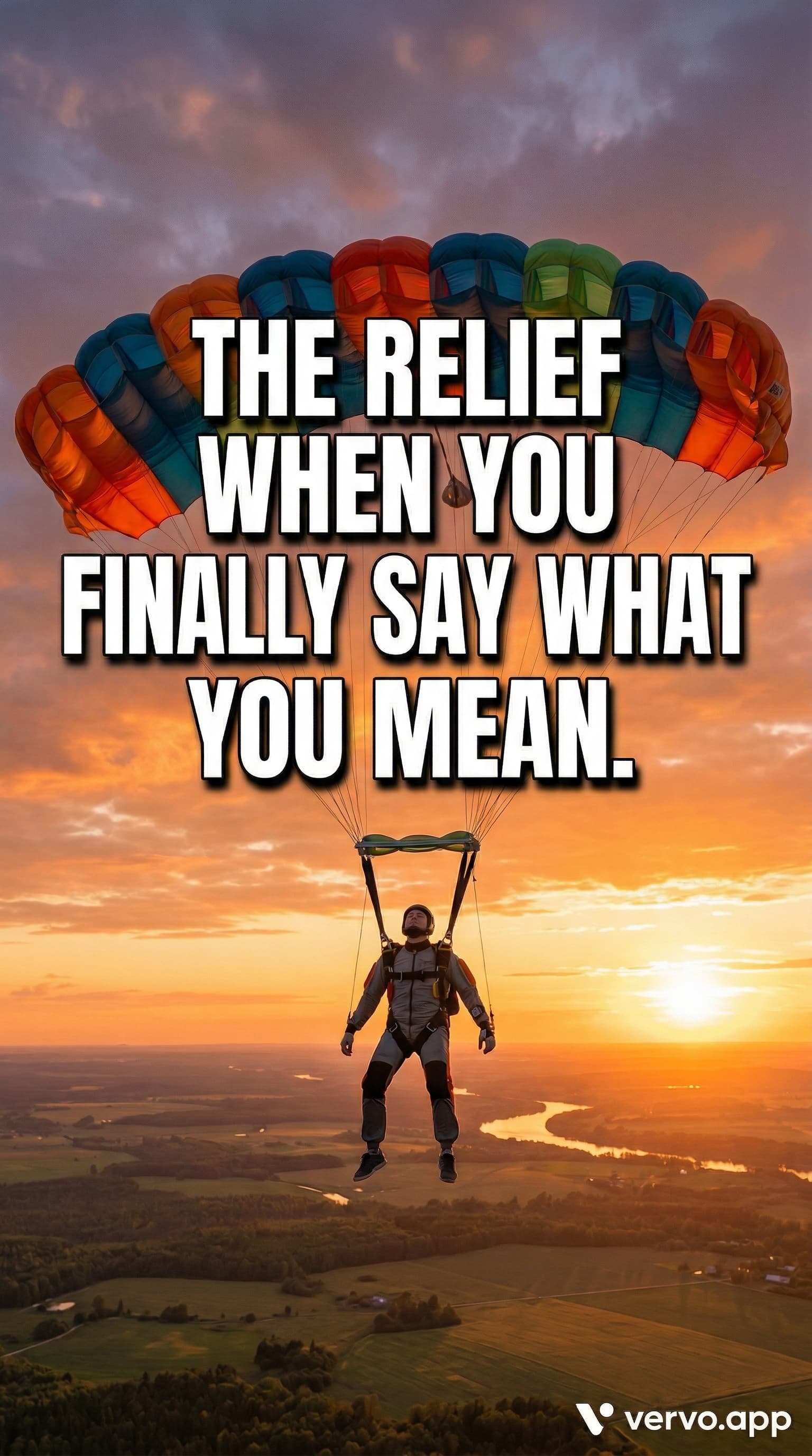 A skydiver descends under a colorful parachute against an orange and purple sunset sky. Bold white text reads: THE RELIEF WHEN YOU FINALLY SAY WHAT YOU MEAN.