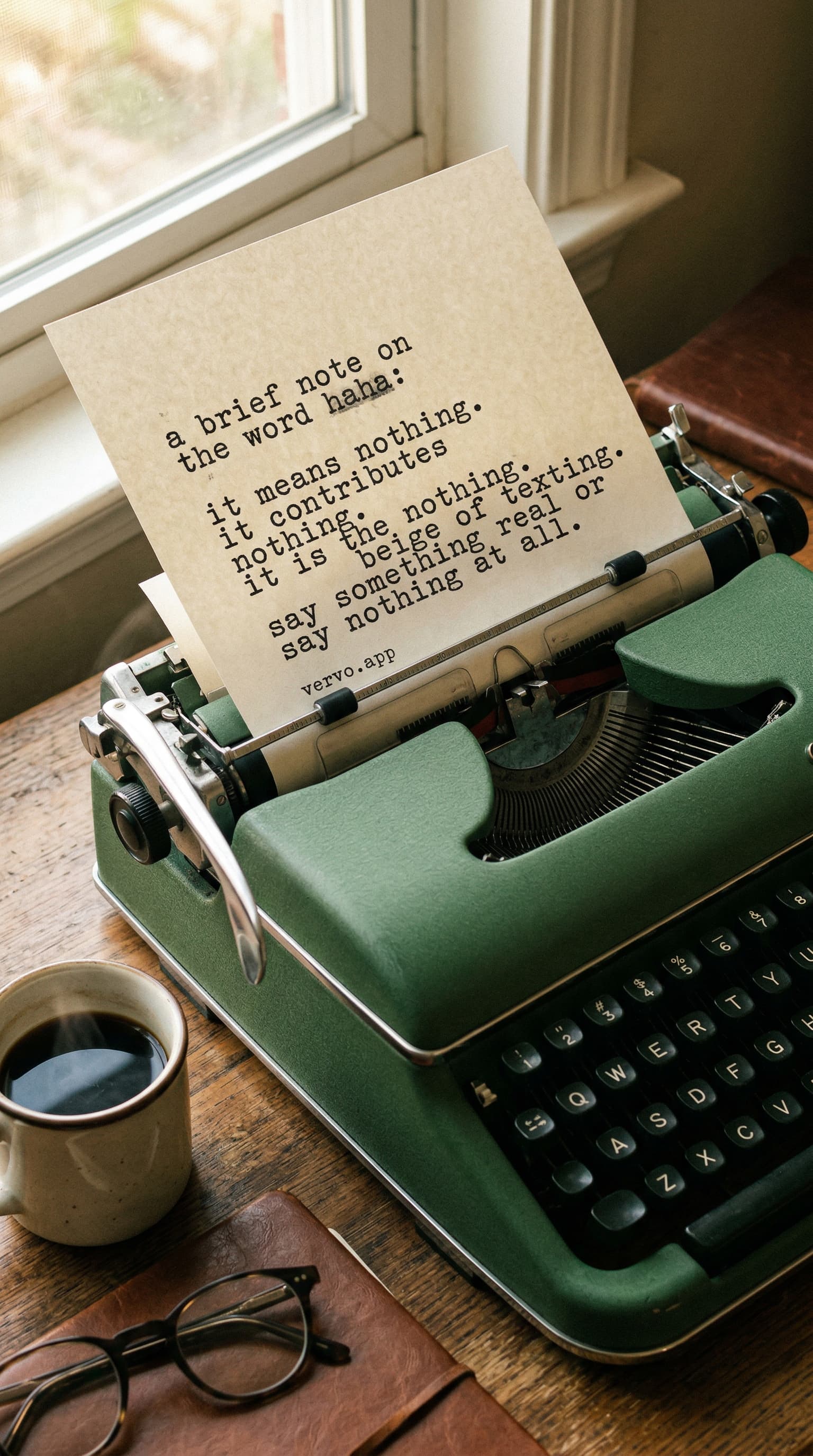 A vintage typewriter with a page that reads: a brief note on the word haha. It means nothing. It contributes nothing. It is the beige of texting.