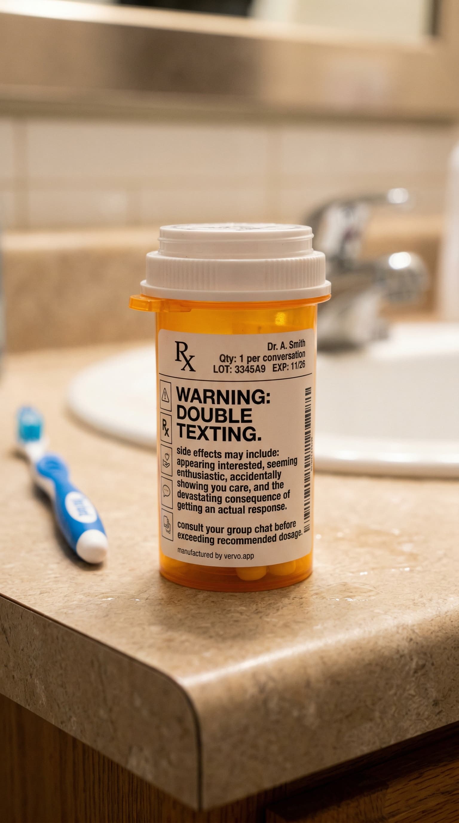 A pharmaceutical warning label on an orange bottle reading: WARNING: DOUBLE TEXTING. Side effects may include appearing interested.